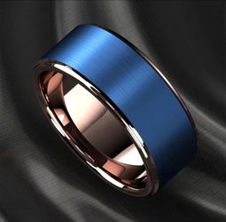 Men's 8mm Tungsten Carbide Satin Blue With Gold Polished Beveled-Edges Engagement Wedding Band