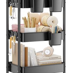 3 Tier Rolling Cart - Metal Utility Cart with Wheels, Hanging Cups, Hooks, Heavy Duty Mesh Rolling Storage Cart Organizer, Craft Cart for Kitchen Offi