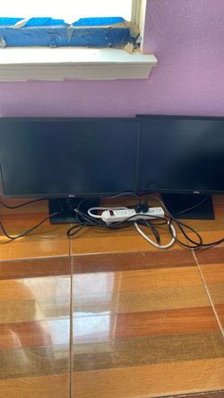 2 Dell Black Monitors with Headset, Keyboard, and Mouse