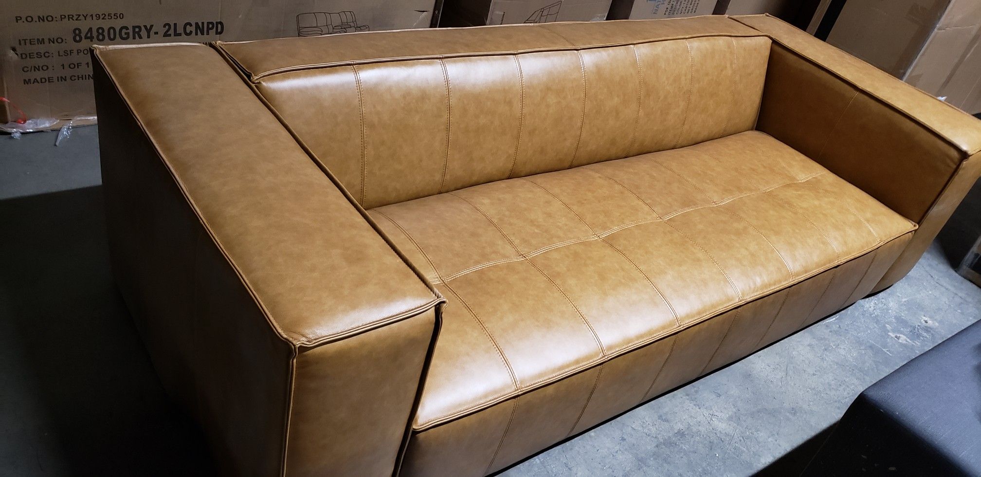 Rivet Thomas Modern Leather Sofa, Cognac - 101.2"