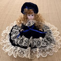 German Porcelain Doll with Blue Velvet Dress & Hat 
