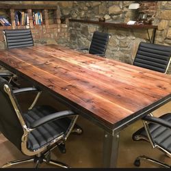 Rustic Custom Made Wood & Metal Conference Table & Book Shelf