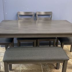 Bridson Gray Dining Table and Chairs with Bench (Set of 6)