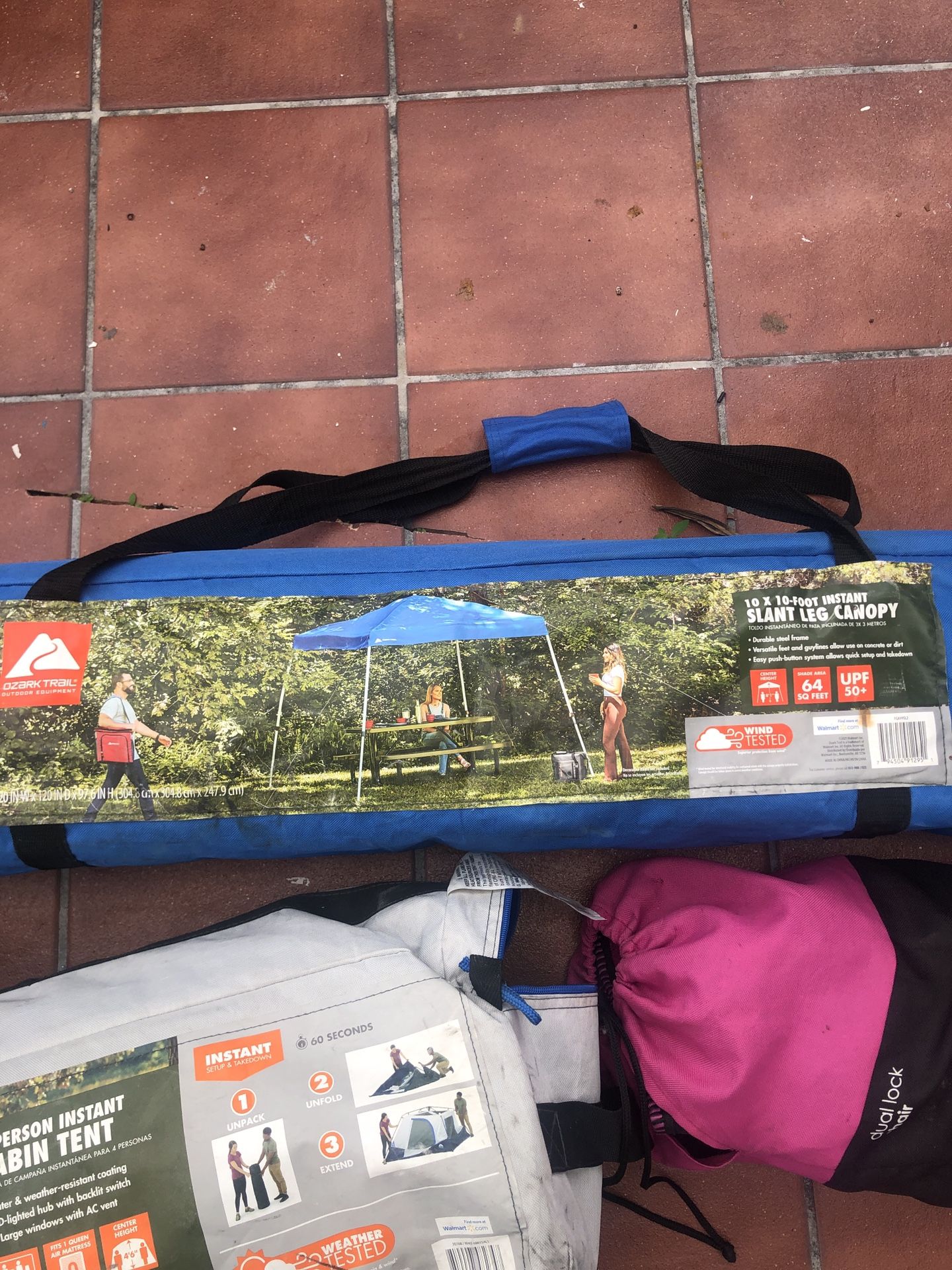 Camping Various- 4 - Person cabinet tent 10X10 Foot instant canopy with Mitch Portable shower/bathroom 1Chair 1 small tent 1 person