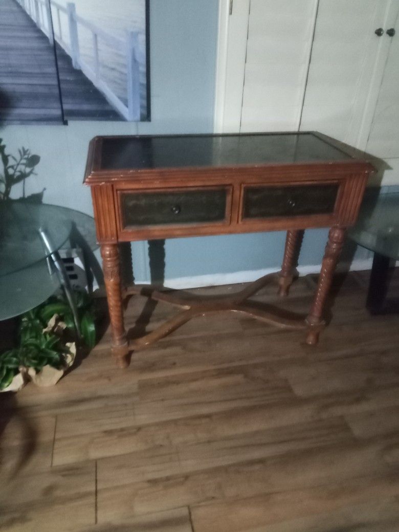 Vintage Mahogany 2 Drawer Writing Desk Twisted Leg Leather Top Design