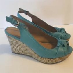 Apt. 9 Ladies Teal Open Toe Twist Knot Sling Back Strap Wedges - 8 Medium EUC