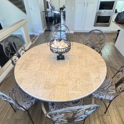 60” Travertine Dining Table + 6 Wrought Iron Chairs – Elegant & Solid