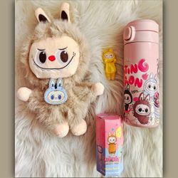 Labubu Bundle Chocolate Brown Mink Fur Plush Doll, Pink Labubu Water Bottle, and Labubu Blind Box -Christmas Gift 🎄🤎💕✨️ 