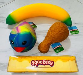 Set of 4 Squeeezy Toys Duck Banana Butter Chicken Leg Squishy