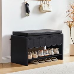 Shoe Storage Bench with Cushion, Cabinet and Open Shelf for Entryway, Hallway, Living Room, Wave Panel Drawer