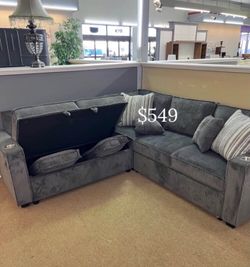 3-pc sectional sofa with pull-out bed,storage & USB ports dark gray corduroy