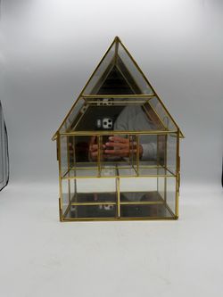 Vintage Brass & Glass House Shaped Display, MCM Mirrored Curio Shelf