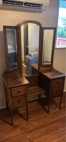 Antique Wood Vanity with Tri-Fold Mirror