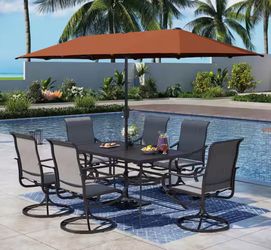 Black 8-Piece Metal Rectangle Patio Outdoor Dining Set with Table, Umbrella and Textilene Swivel Chairs