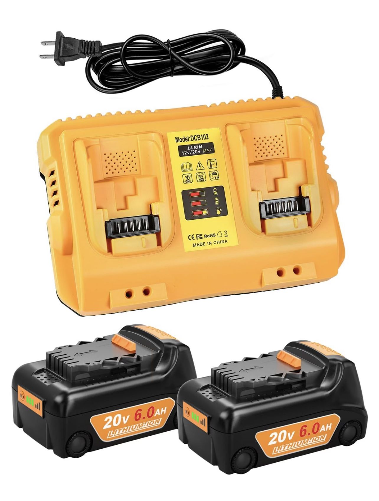 2-Pack 6.0Ah Battery Replacement for Dewalt 20v Battery with DCB102 Battery Charger Station