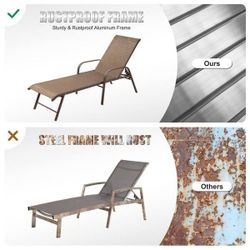 2-Piece Metal Outdoor Chaise Lounge Aluminum Lounge Armchairs with 5-Position Adjustment Textilene Fabric in Brown