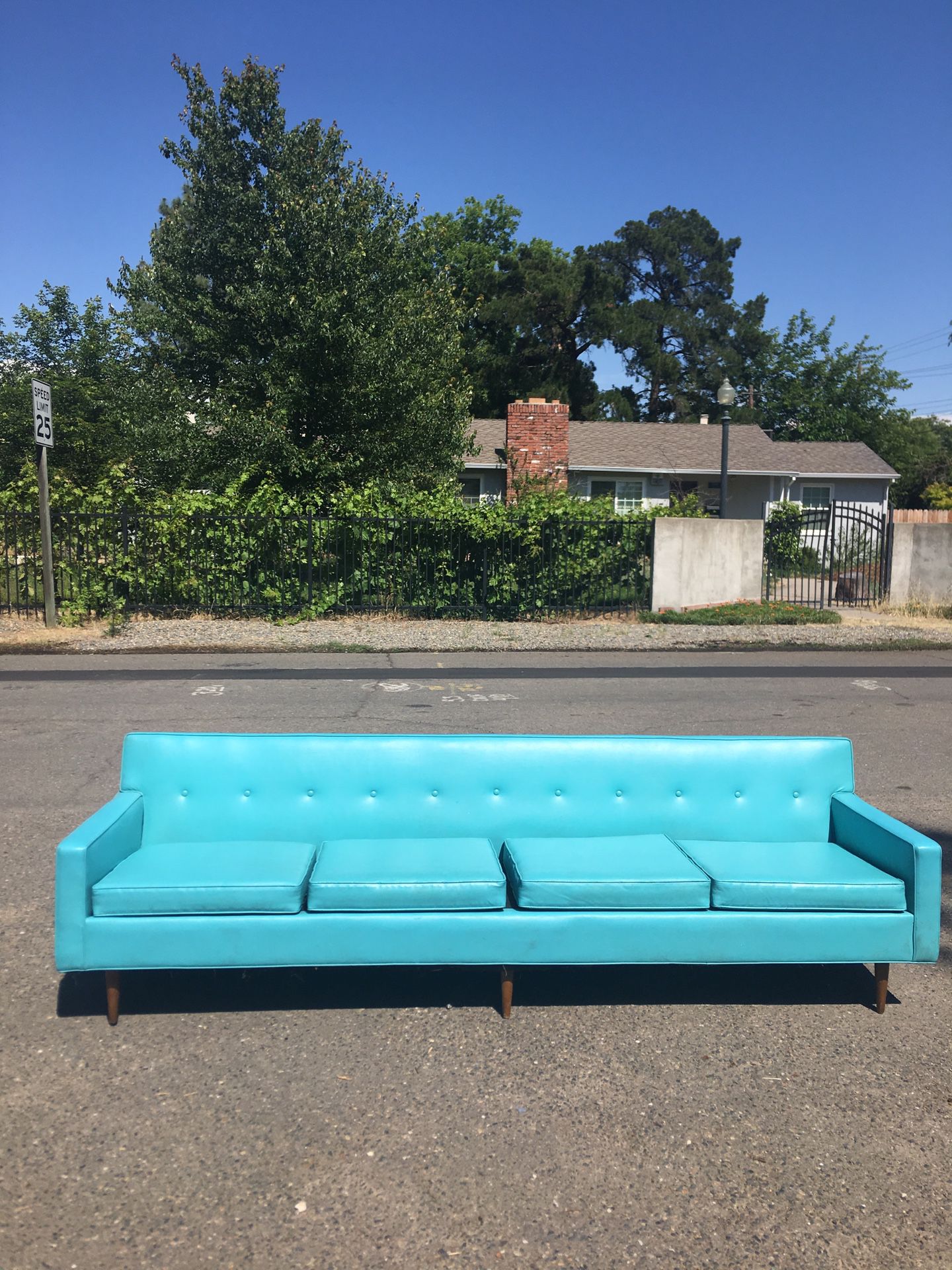 Vintage mid century blue sofa 8ft long