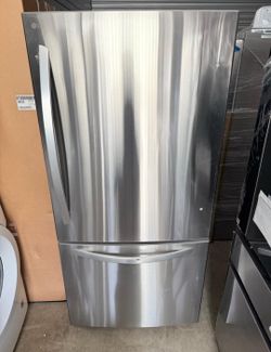 Stainless steel LG bottom freezer refrigerator with a silver finish