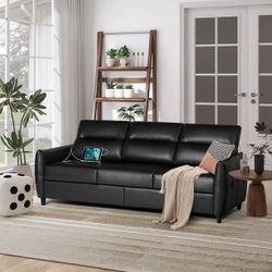 85''W 3-Seater Modern Faux Leather Sofa Couch Living Room Office w/ USB Ports Black