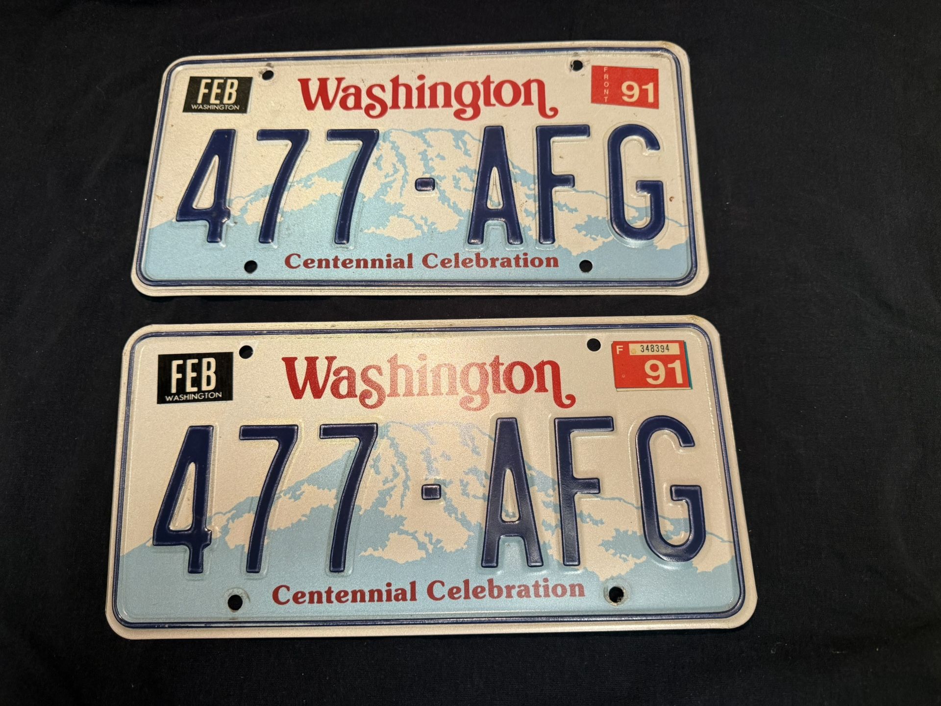 Washington Centennial License Plate Matching Set 1991 Very Nice
