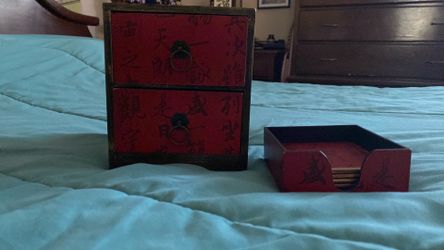 4 pcs. Oriental Coasters with holder and 2 drawers box