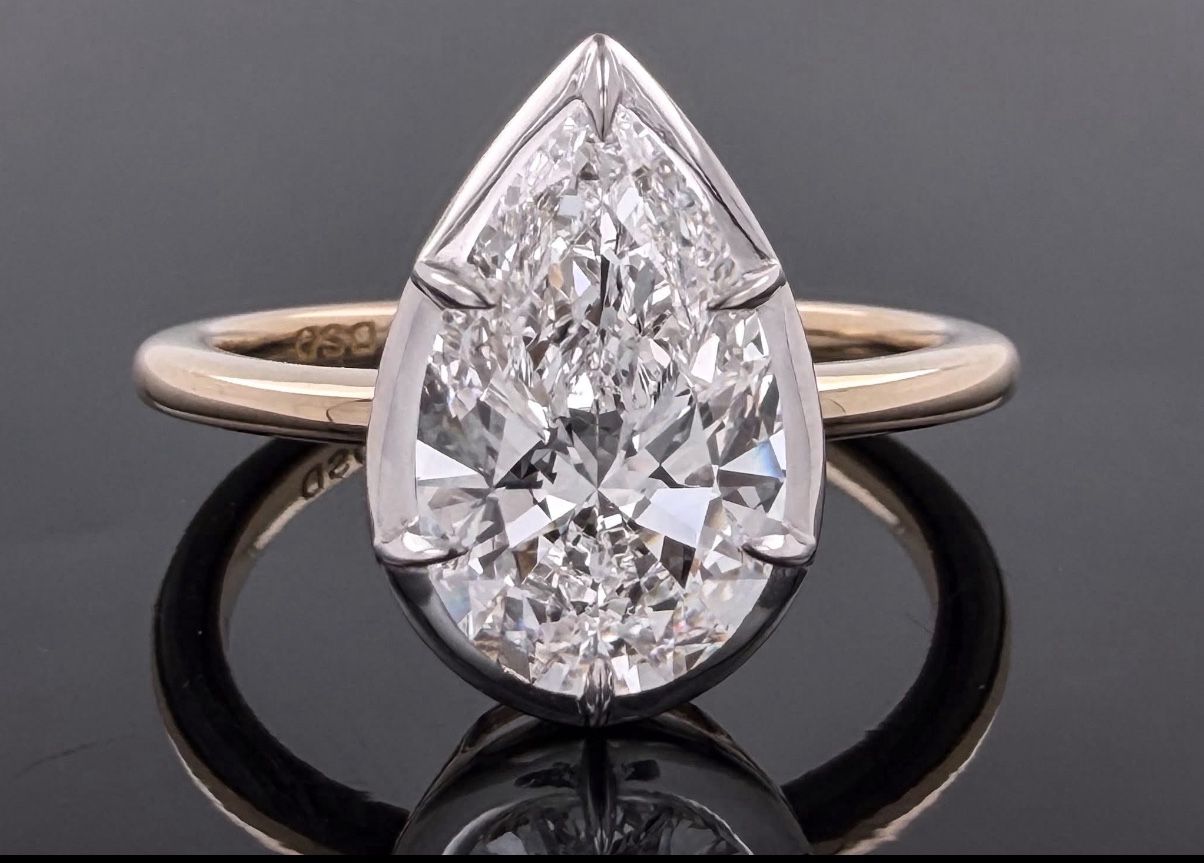 2.10 carat F VS1 pear lab diamond two toned Georgian vintage engagement ring