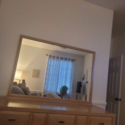 Vintage Blonde Wood Dresser And Mirror 