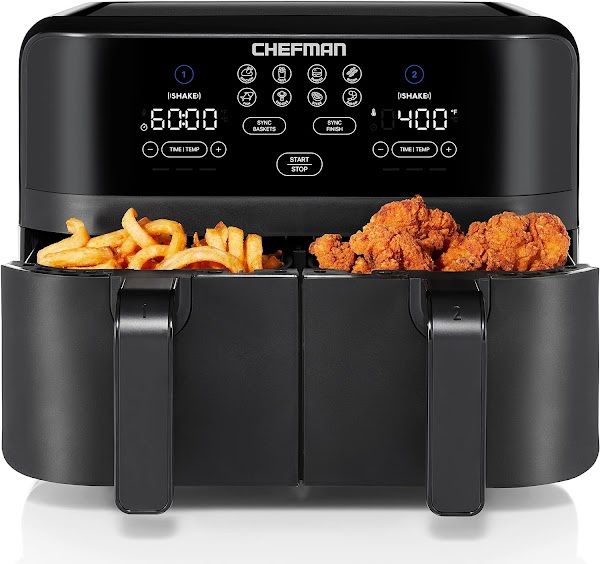 Chefman TurboFry Touch Dual Air Fryer, Maximize The Healthiest Meals With Double Basket Capacity, One-Touch Digital Controls And Shake Reminder For Th
