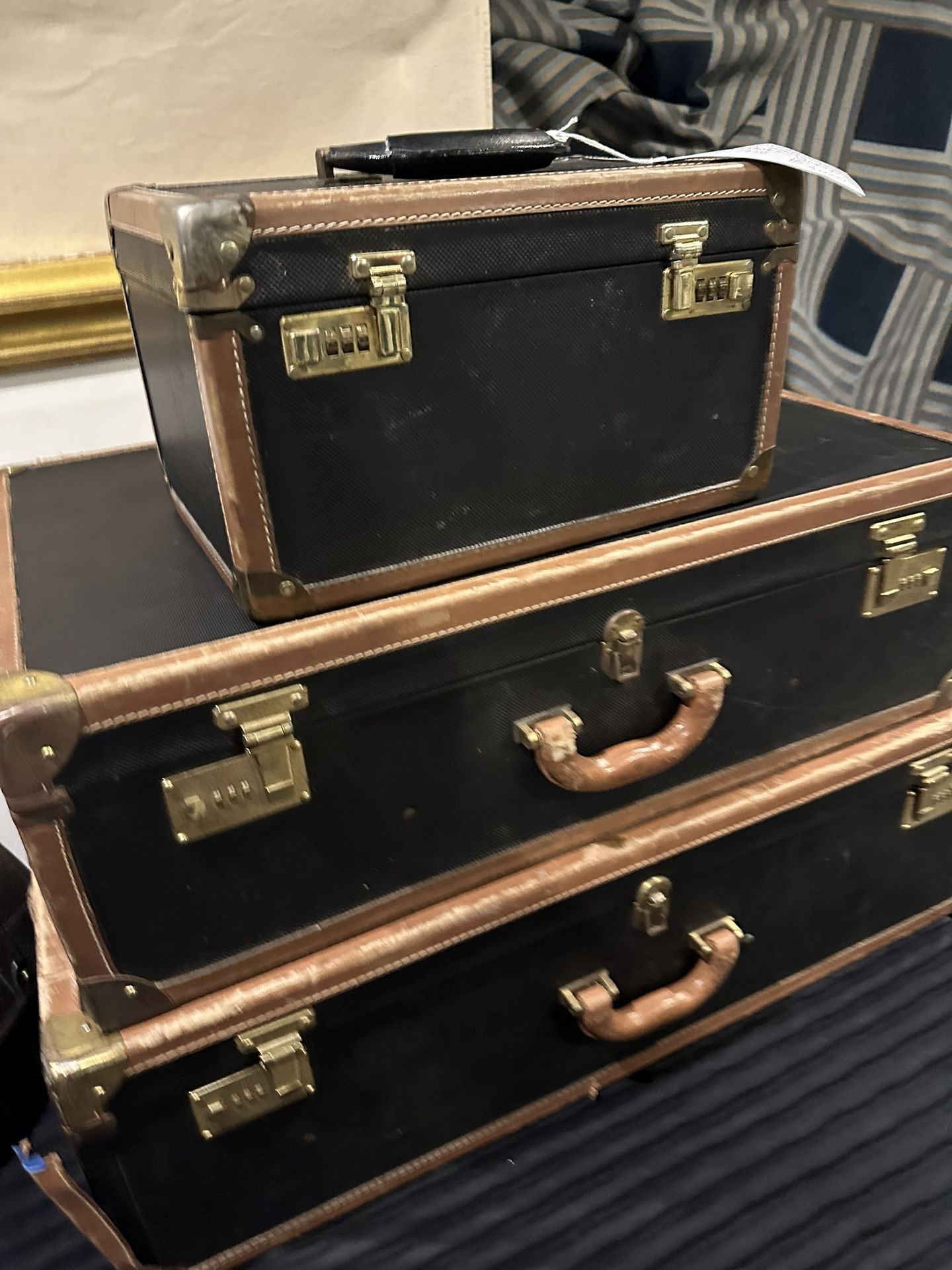 Two Tone Black And Brown 3 Piece Luggage Set Vintage Mid 20th Century