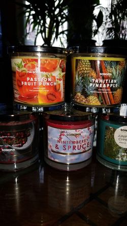 Sonoma 3 wick Candles (Tahitian Pineapple, Cranberry clove, Winterberry spruce, Juniper Cypress, Vanilla ...