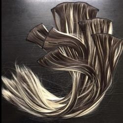 24 Inch dark chocolate brown highlights platinum blonde Hair clip in hair Extensions