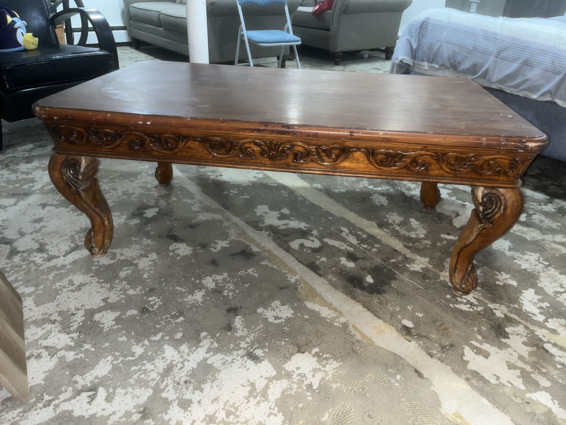 A Large Antique Carved Wooden Coffee Table Dying To Be Restored