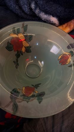 vintage reverse-painted frosted glass bowl, featuring a floral design of red and yellow roses with green leaves.