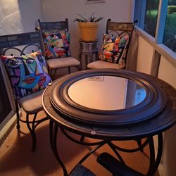 DESIGNER STONE-INLAY GLASS+WROUGHT-IRON TABLE+4CHAIRS!