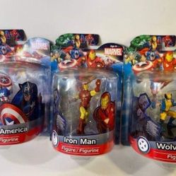 Marvel action figures Captain America, Iron Man, and Wolverine