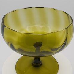 Vintage Olive Green Empoli Optic Glass Compote Made In Italy 