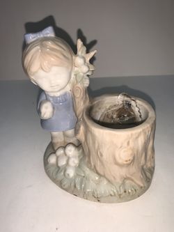 Vintage Ceramic Girl with Tree Stump Votive from Japan 4.5”