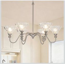 Vintage Chandelier Light, 6-Light Nickel Pendant Lights Kitchen Island Lighting with Flower Glass Shade, Ceiling Hanging Light Farmhouse Chandeliers f