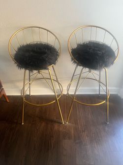 Gold, Swivel Metal Bar Stools.  Adjustable Legs. Black Faux Fur Seats.