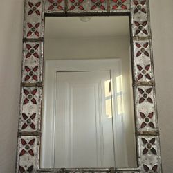Syrian Pewter Brass With Enamel Red Flowers Over A Solid Wood Frame Mirror