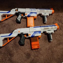 2 NERF N-Strike Elite Retaliator Dart Blaster, Stock, Grip, Barrel, 12-Dart Clip, 12 Elite Darts