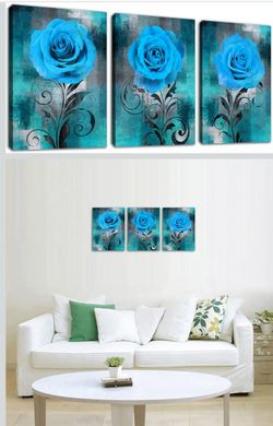 Blue Rose Canvas Wall Art Set – 3 Panels (12" x 16")