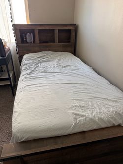 Rustic Wood Bed Frame with Bookcase Headboard