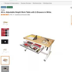 46 in. Adjustable Height Work Table with 2-Drawers in White