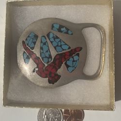 Vintage Belt Buckle Red And Blue Crushed Turquoise Bird Eagle