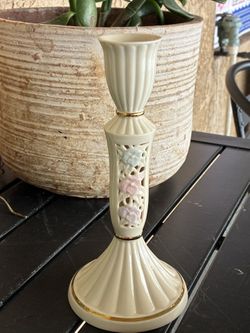 Partylite Porcelain Taper Candle Holder – Floral Cutout Design – Ivory with Gold Trim