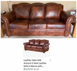 Leather Italia USA Arizona 3-Seat Leather Sofa Couch in Marco with Nailhead Trim
