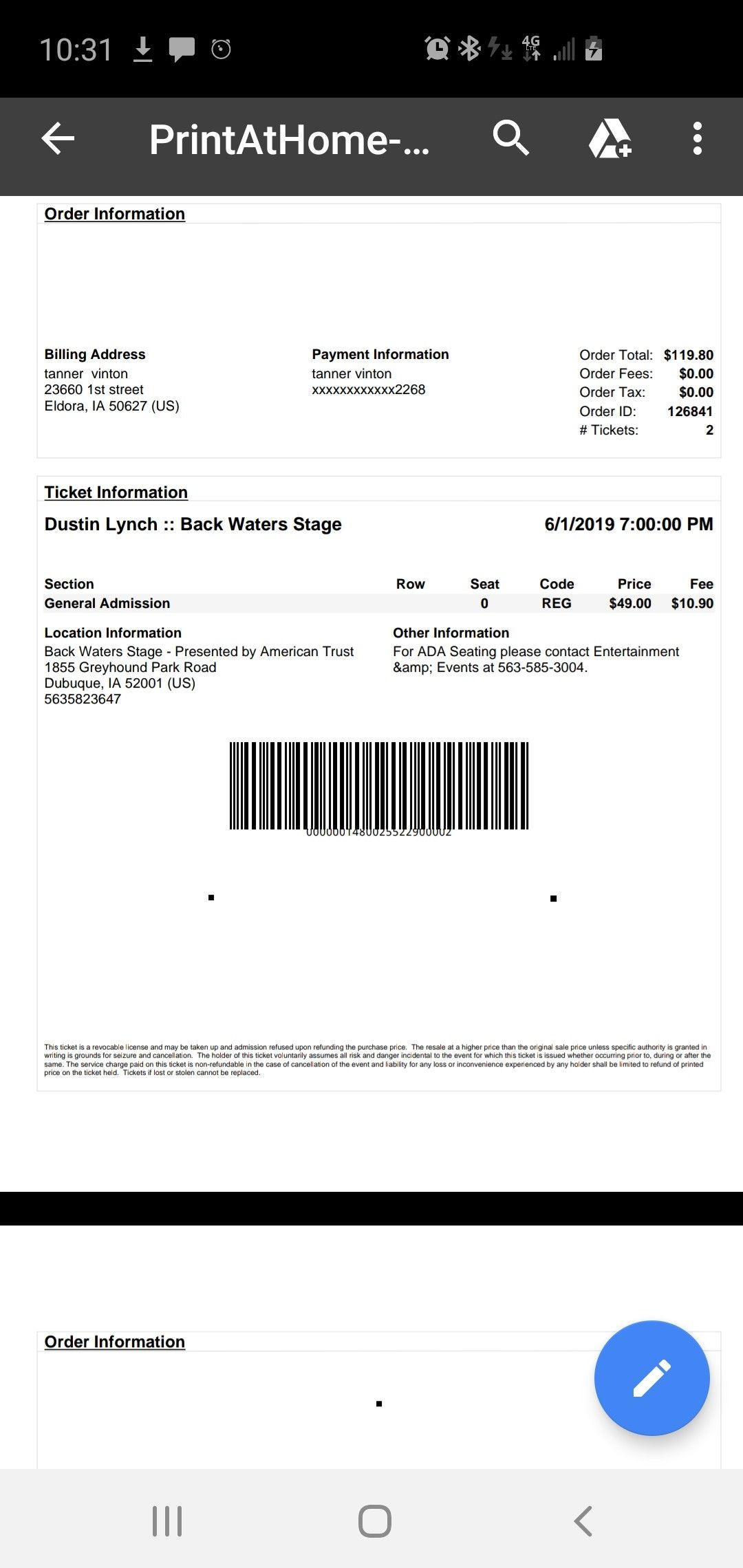 2 Dustin Lynch concert tickets