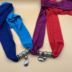 Pair Of Spring Scarves Blue And Turquoise; Red And Fuchsia With Metal Decoration 