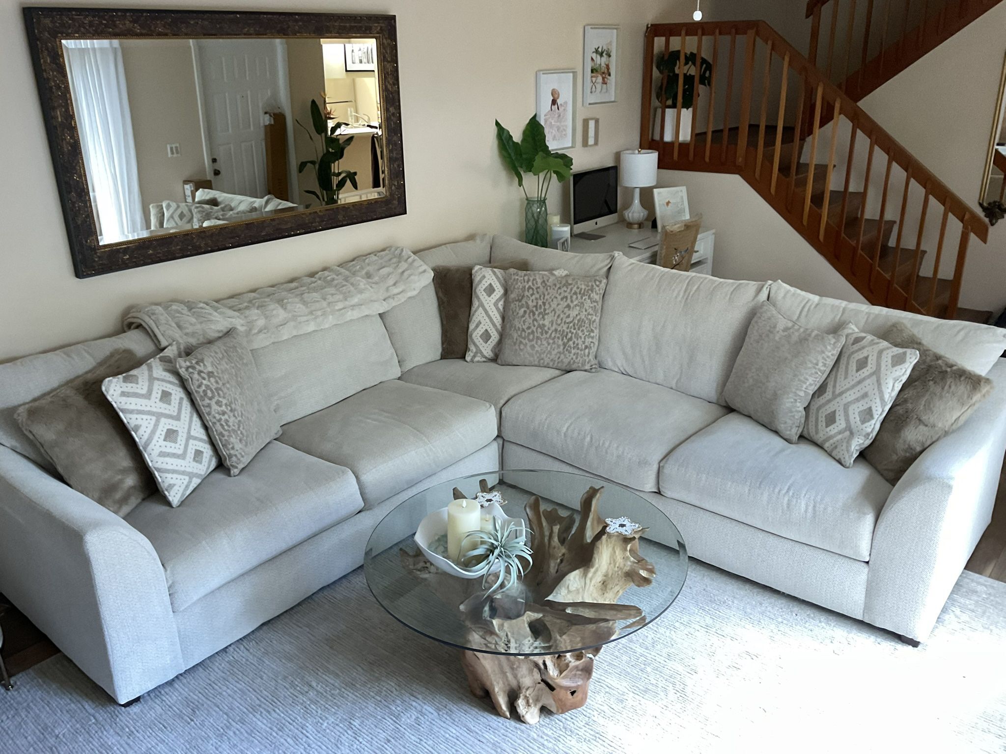 Cream Chenille Style Sectional Couch Or Sofa And Pillows